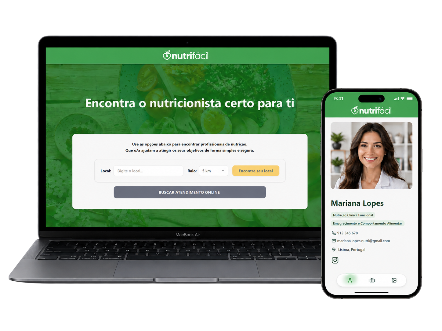 Plataforma NutriFácil em portátil e telemóvel, mostrando a pesquisa de nutricionistas e um perfil profissional